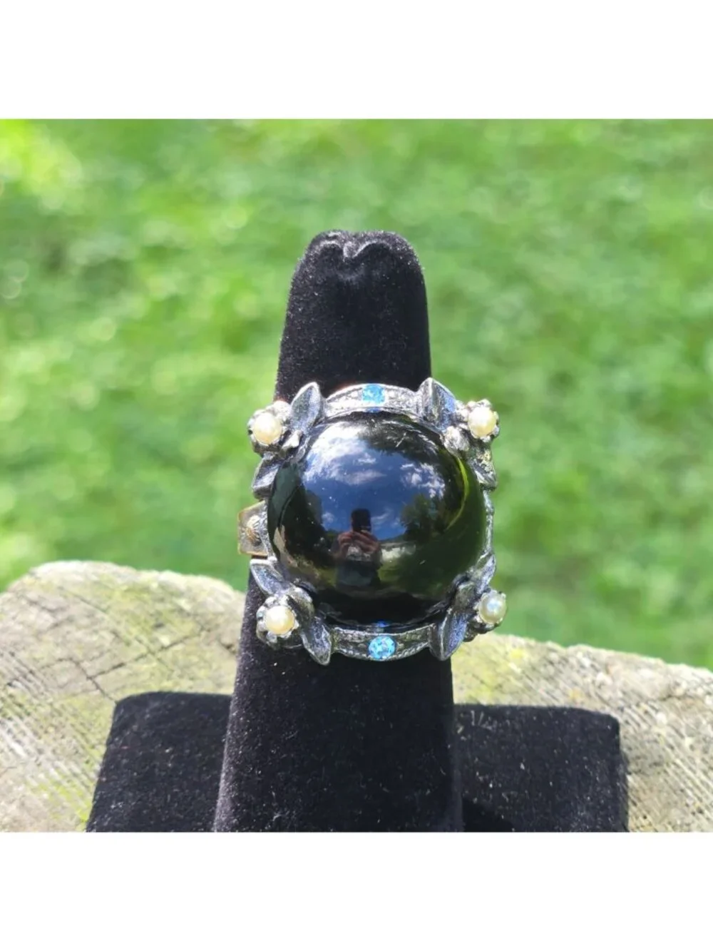 Vintage Gothic Black Cabochon Statement Ring  faux Pearls Blue Rhinestones Snake